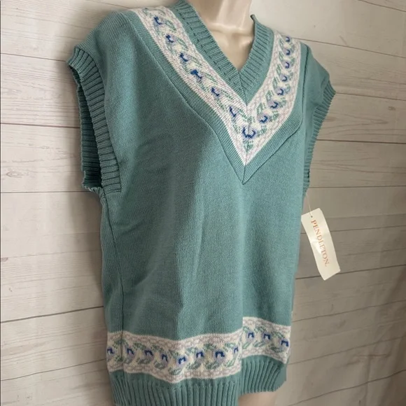 Vintage 70’s Pendleton Size Large Women's Teal V-Neck 100% Wool Sweater Vest - Picture 2 of 8